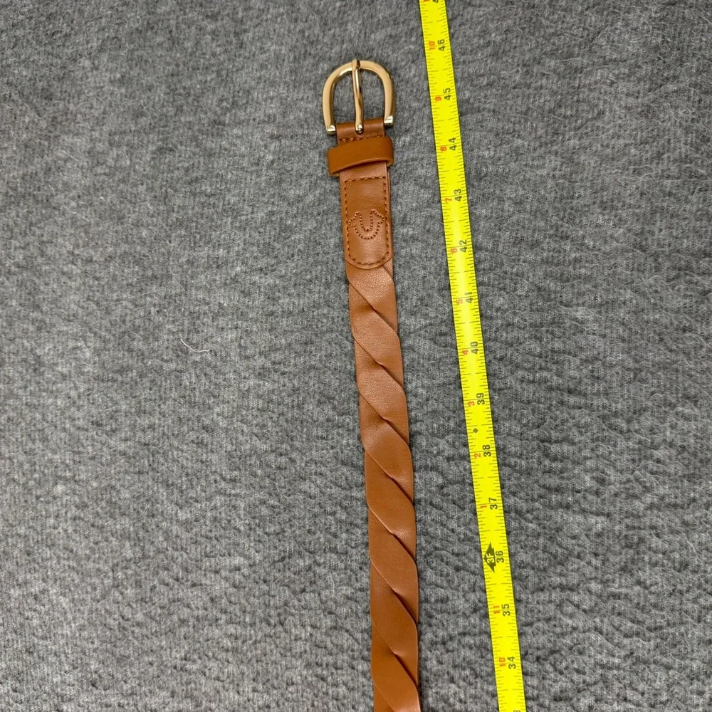 True Religion Braided Belt Womens L/XL Cognac Brown Faux Leather Gold Buckle
